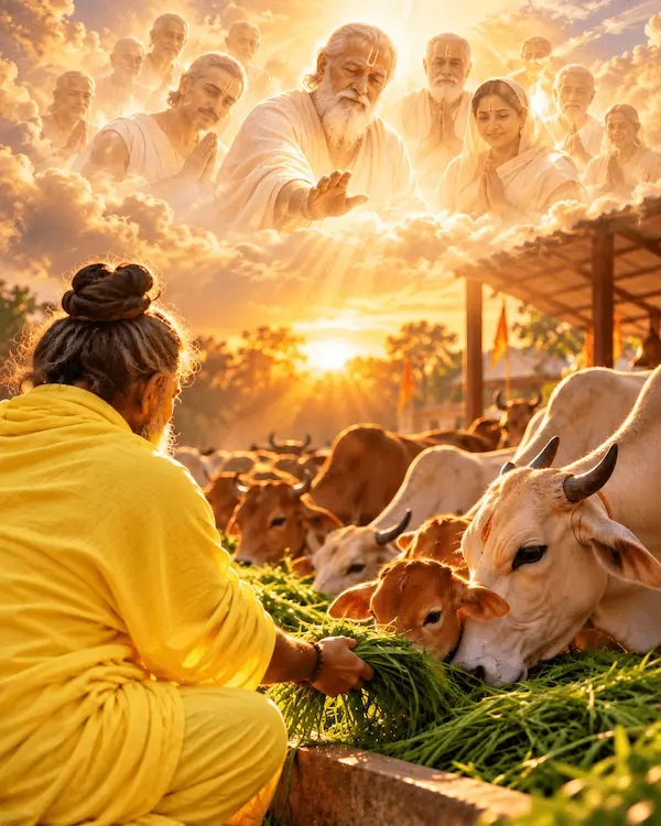 पितृ पक्ष में पितरों की तृप्ति हेतु गौ-माता को हरा चारा, गुड़, तिल, रोटी और फल अर्पित